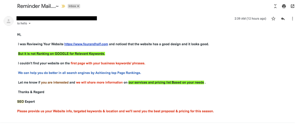 An example property management SEO spam email